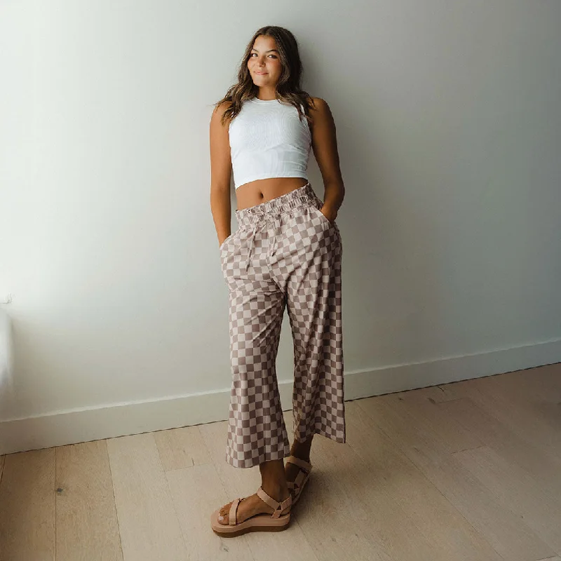 Audrey Wide Leg Pants, Brown Checkers Cozy Jogger Leggings