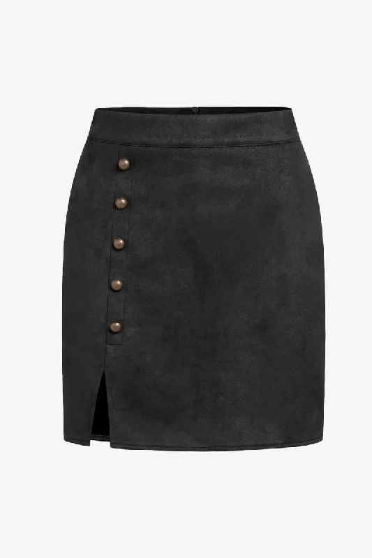 Black Suede Pencil Mini Skirt button skirt front