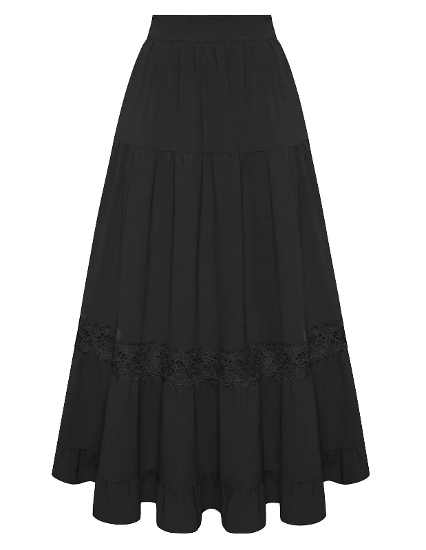 BP Women Vintage Tiered Swing Skirt Elastic Waist Ruffled Hem Mid-Calf Skirt corduroy skirt cozy