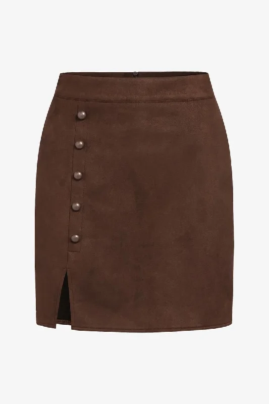 Brown High Waisted Button Suede Mini Skirt flowy skirt hem