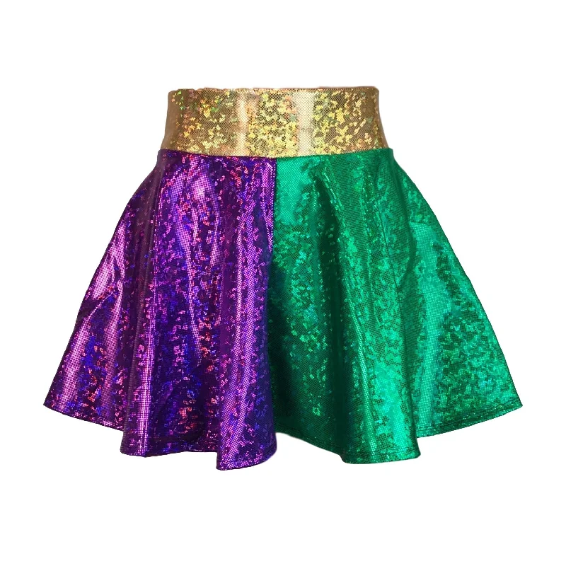 CHILD Mardi Gras Holographic High Waisted Skater Skirt - Mardi Gras Costume wool skirt sturdy