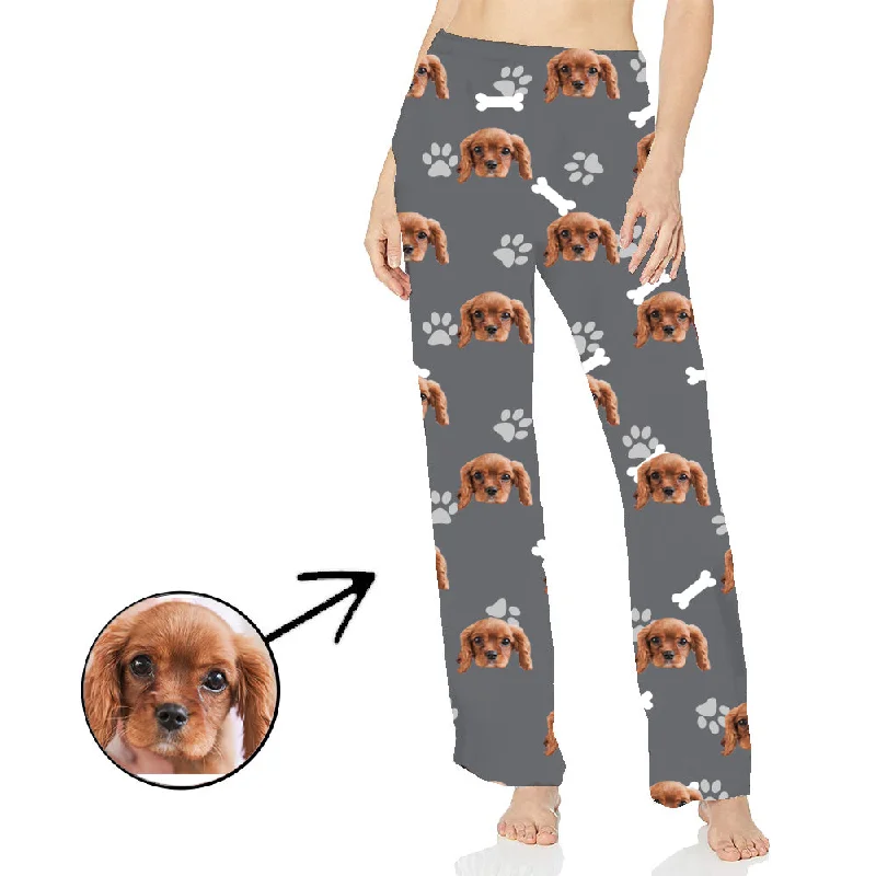 Custom Photo Pajamas Pants For Women Dog Footprint Long Sleeve Formal Slim Pants