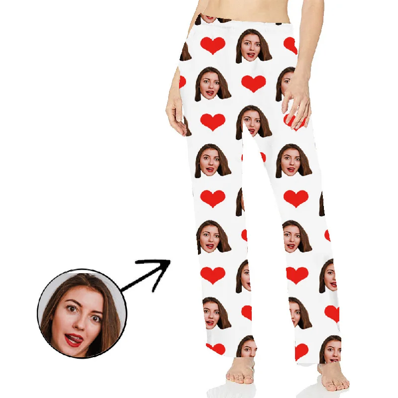 Custom Photo Pajamas Pants For Women Heart My Loved One's Face Long Sleeve Formal Dress Pants