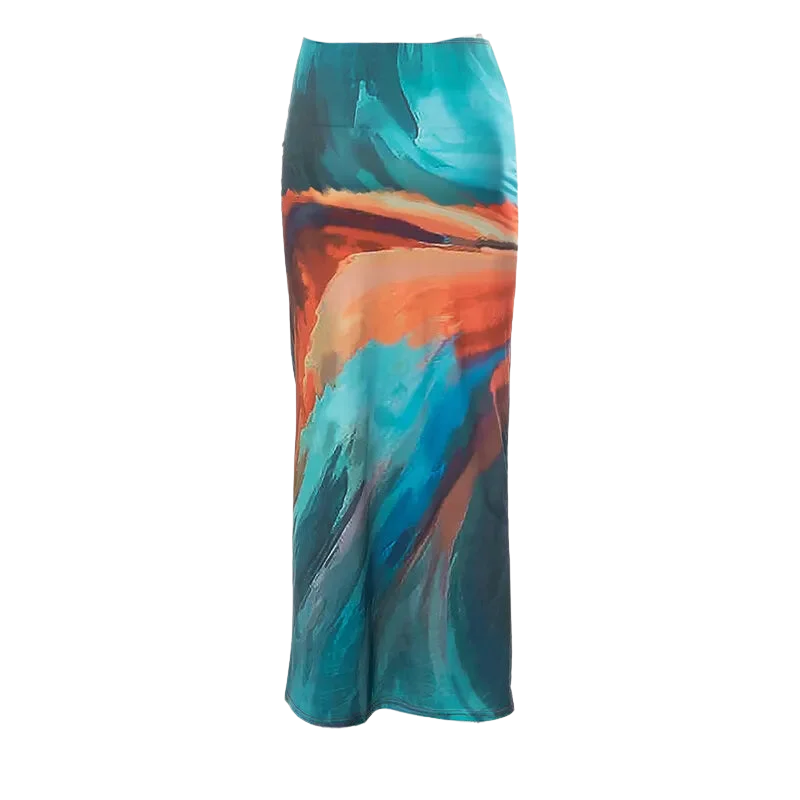 A&A  Tie Dyed Print Mesh Maxi Skirt elastic waist skirt