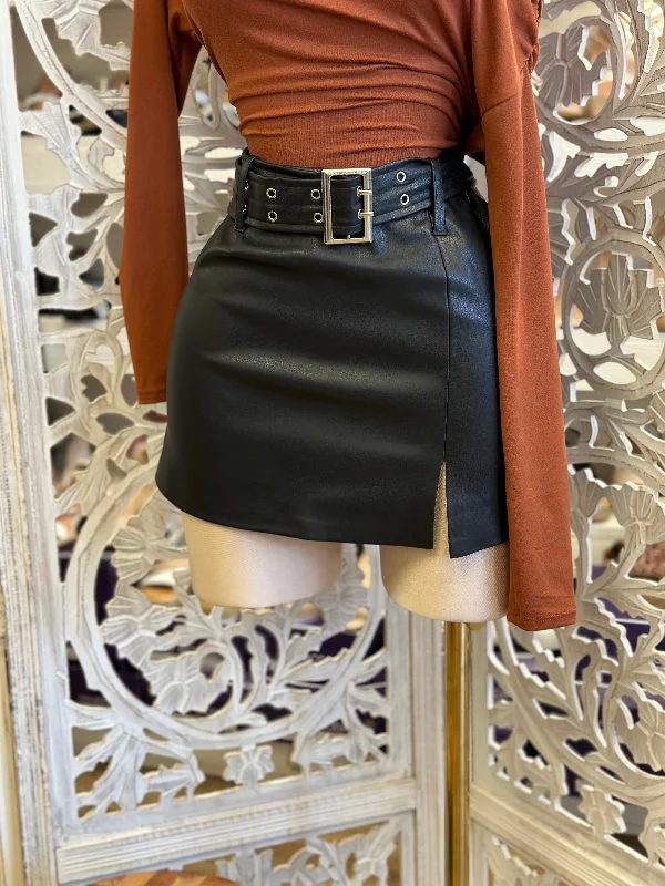 Faux Leather Buckle Belt Denim Mini Skirt-Estira, Stretchy mini skirt trendy