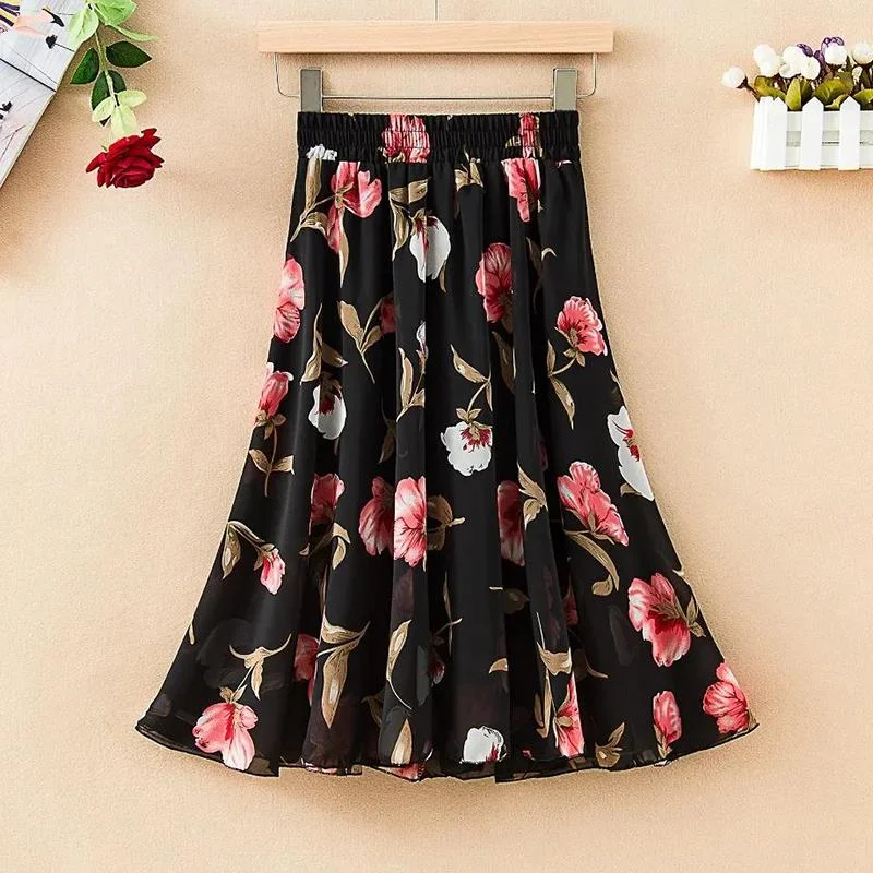 Floral Chiffon Skirt Female Summer Mid-length High-waist Print Big Swing Fairy Skirt Ladies Small Short Skirt Thin tiered skirt playful