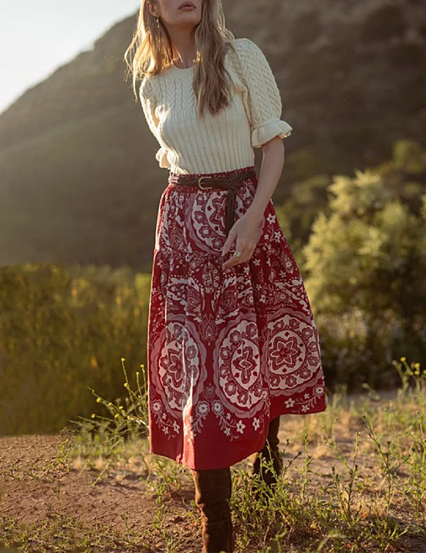 Freyja Red Medallion Print Midi Skirt velvet skirt plush