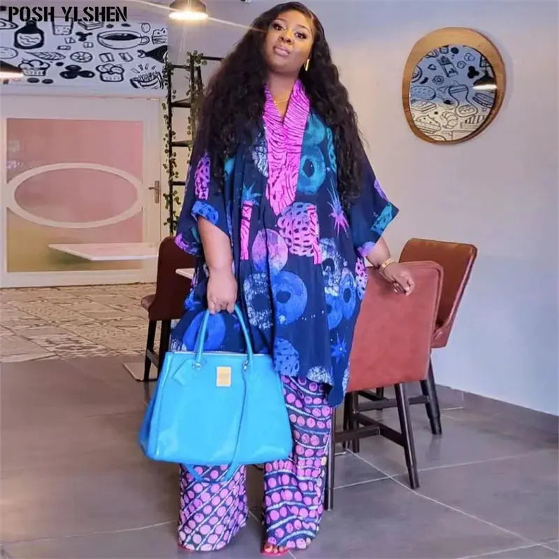 FZ Women's Plus Size African Style Dashiki 2 Piece Pants Suit Elegant High-Waist Pants