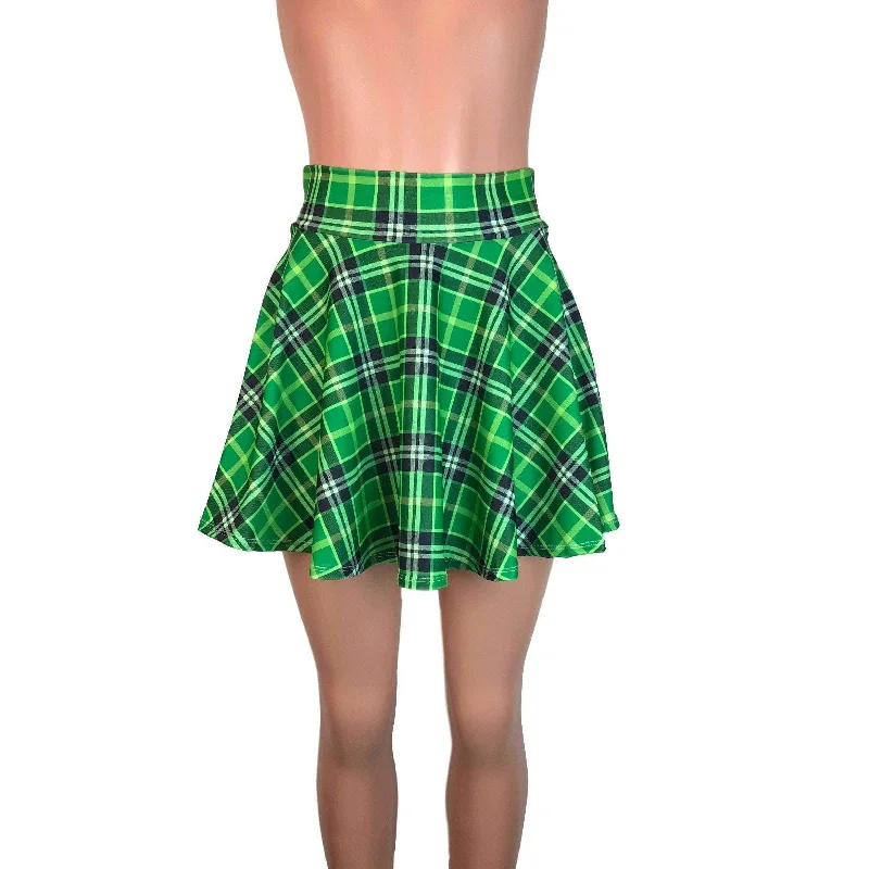 Skater Skirt - Green Plaid ribbed skirt waist