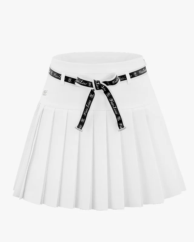 High waist ribbon set pleated skirt - White chiffon skirt floaty