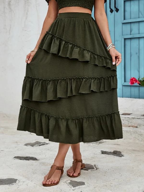 Honey Ruffled Elastic Waist Midi Skirt asymmetrical skirt cut