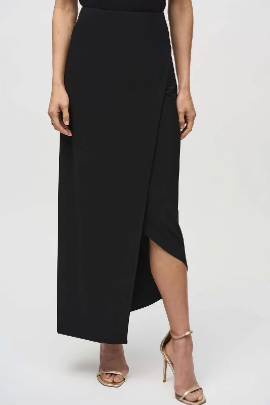 Joseph Ribkoff Black Wrap Front Asymmetric Maxi Skirt 244091 pleated skirt texture