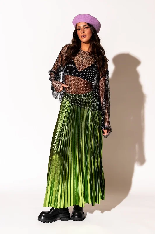 Metallic Pleated Midi Skirt in Electric Lime *RESTOCKED* denim skirt casual