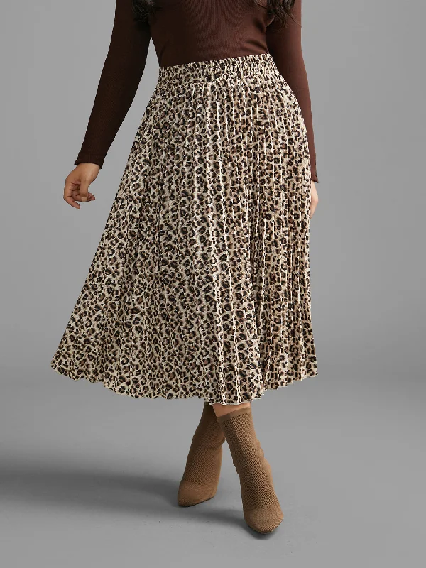 Leopard Print Pleated Elastic Waist Skirt leather skirt sleek