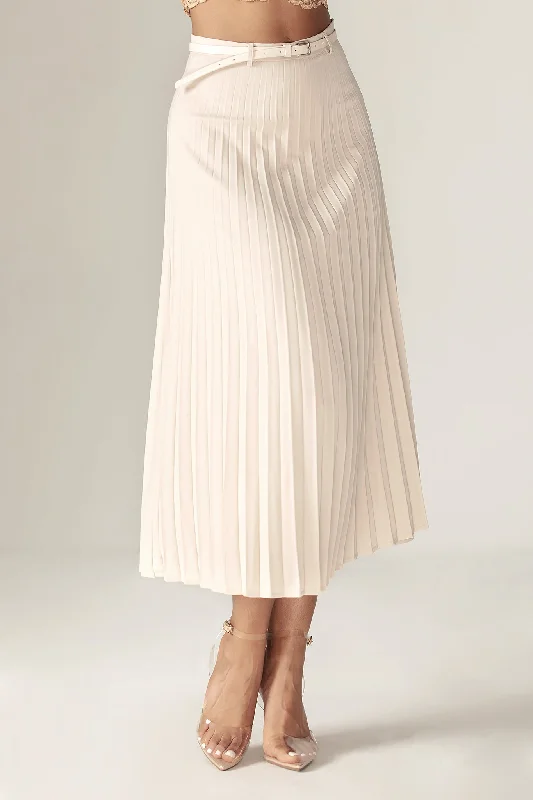 Mei pleated Midi Belted Skirt (Pale Cream) corduroy skirt cozy