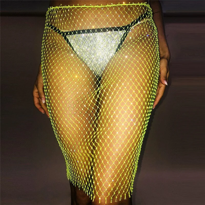 Neon Green Fishnet Mini Skirt Women Sexy See Through Mesh Plaid Skirt 2019 Summer Beach Shiny Rhinestones Skirts Party Clubwear linen skirt natural