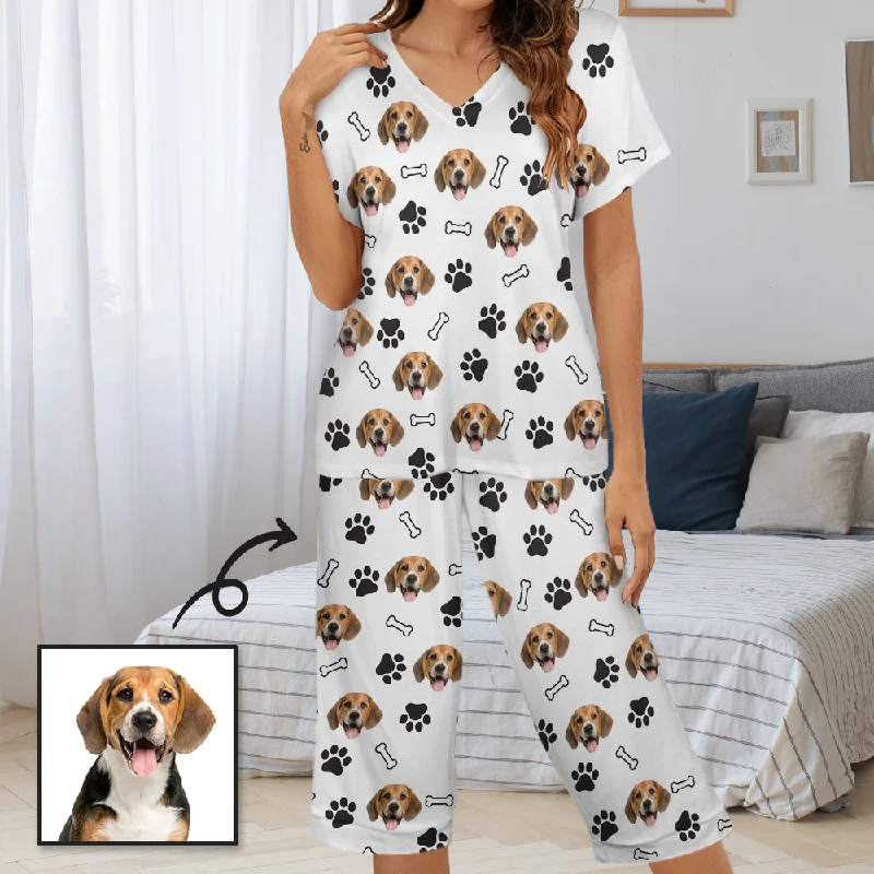 Personalized Face Women's Pajama Set Custom Dog Paw&Bones Women's V-Neck Short Sleeve&Capri Pants Pajama Sets Comfortable Denim Trousers