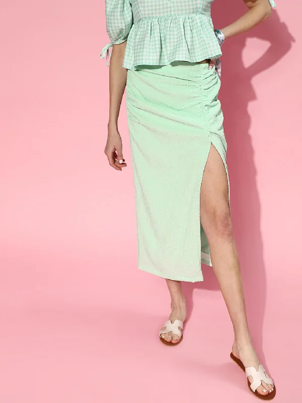 Women Mint Green Side Ruched Skirt midi skirt versatile