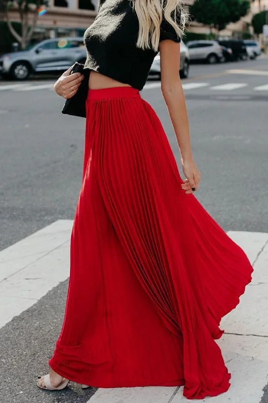 Solid Color High Waist Pleated Maxi Skirt spandex blend skirt