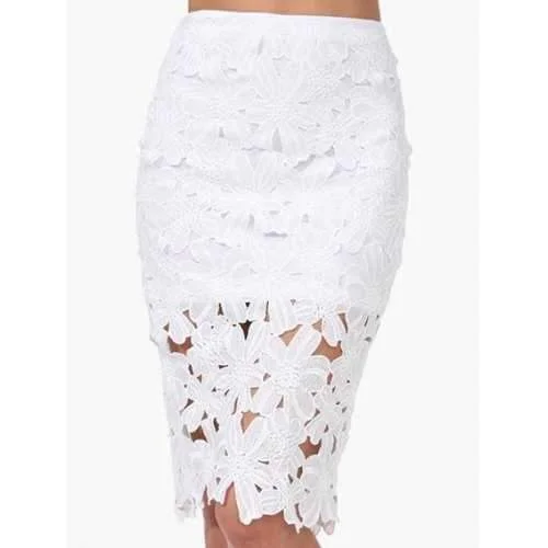 Stylish High-Waisted Elastic Waist Solid Color Bodycon Hollow Out Women's Skirt - White One Size a-line skirt cut