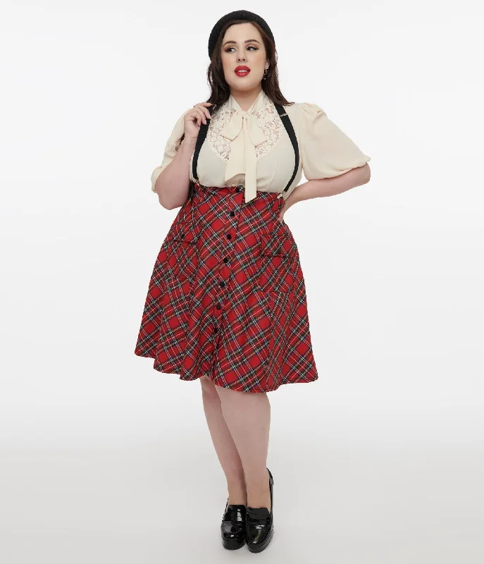 Unique Vintage Plus Size 1950s Red Bias Plaid Suspender Flare Skirt cashmere skirt soft