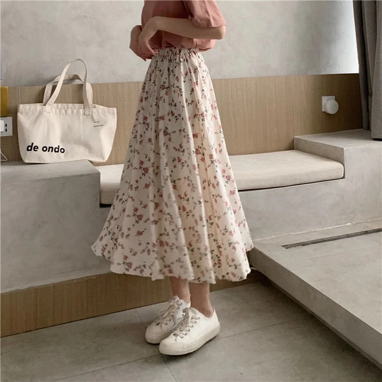 Vintage Floral Print A-line Pleated Long Skirts Streetwear Drawstring Elastic Waist Midi Skirt lace skirt delicate