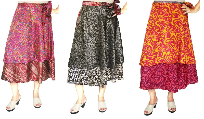 Wholesale 3 Pcs Lot Two Layers Women's Indian Sari Magic Wrap Skirt relaxed fit skirt