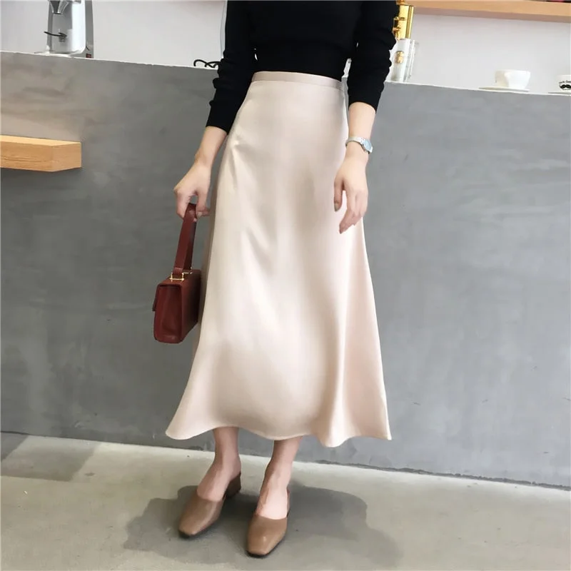 Women Elegant Office Lady Quality Glossy Satin Skirt Plain Shiny  Fashion velvet skirt luxury