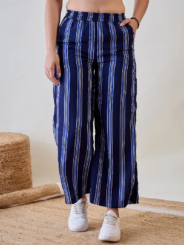 Women's Blue Crepe Stripes Pant - The Kaftan Company Trendy Printed Leggings