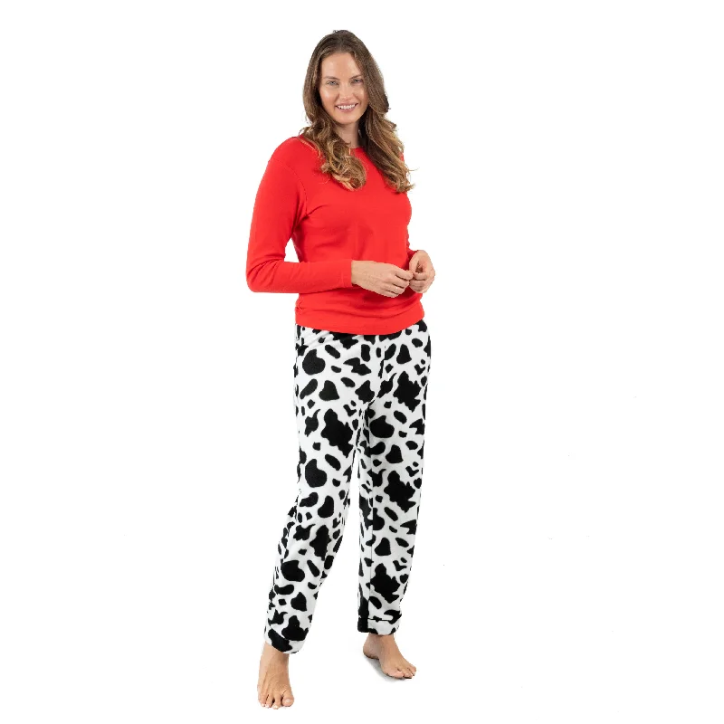 Womens Cotton Top and Fleece Pant Pajamas Cow Black Soft Sweatpants Style