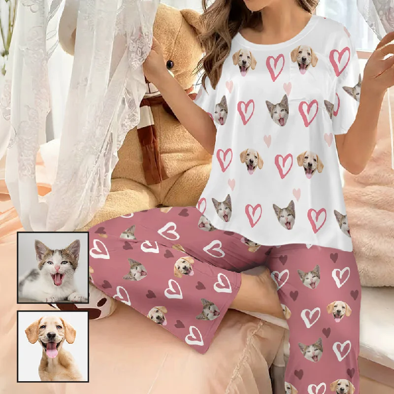 Custom Women's Pocket Short Sleeve&Long Pants Silk Satin Pajama Sets Personalized Face Heart Nightwear Set Classic Cropped Pants