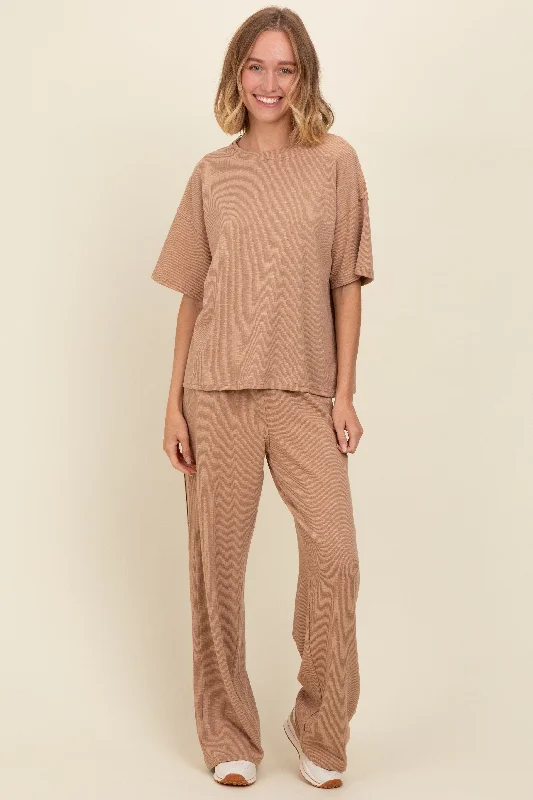 Taupe Textured Knit Oversized Tee And Pants Set Formal Slim Pants